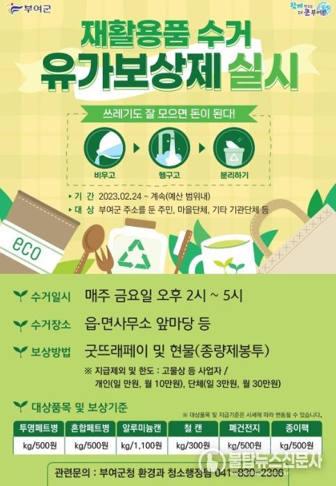 부여군, ‘쓰레기도 돈이 된다.’ 재활용품 수거 유가보상제 정착