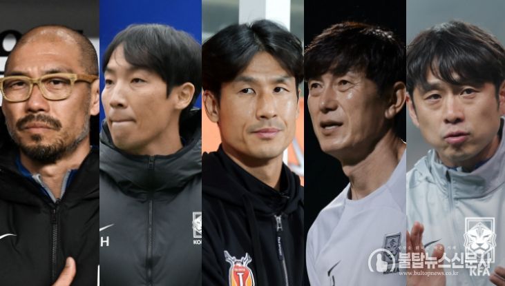 3월 월드컵 2차 예선 기간 국가대표팀 코치진. 왼쪽부터 김영민 수석코치, 조용형 코치, 정조국 코치, 김일진 골키퍼코치, 이재홍 피지컬코치.