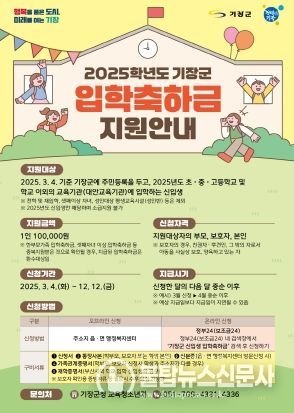 기장군, 초중고 신입생에게 입학축하금 10만원 지원
