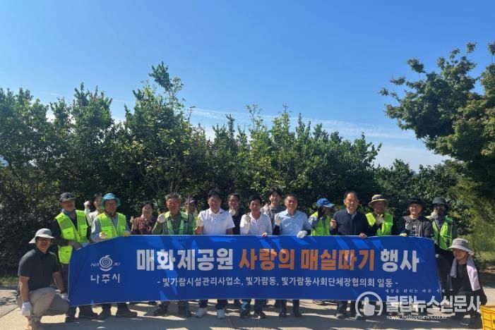 나주시가 빛가람동 매화제공원에서 수확한 매실을 지역 사회복지시설에 기탁했다.