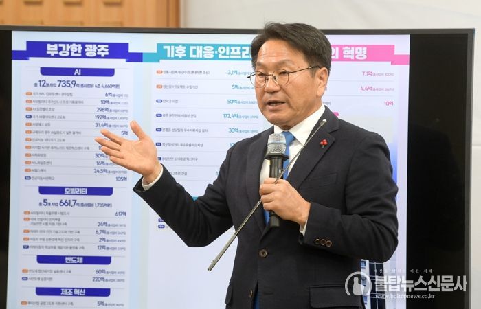 강기정 광주광역시장이 지난 3일 오후 시청 비즈니스룸에서 2026년 국비예산 관련 기자회견을 하고 있다